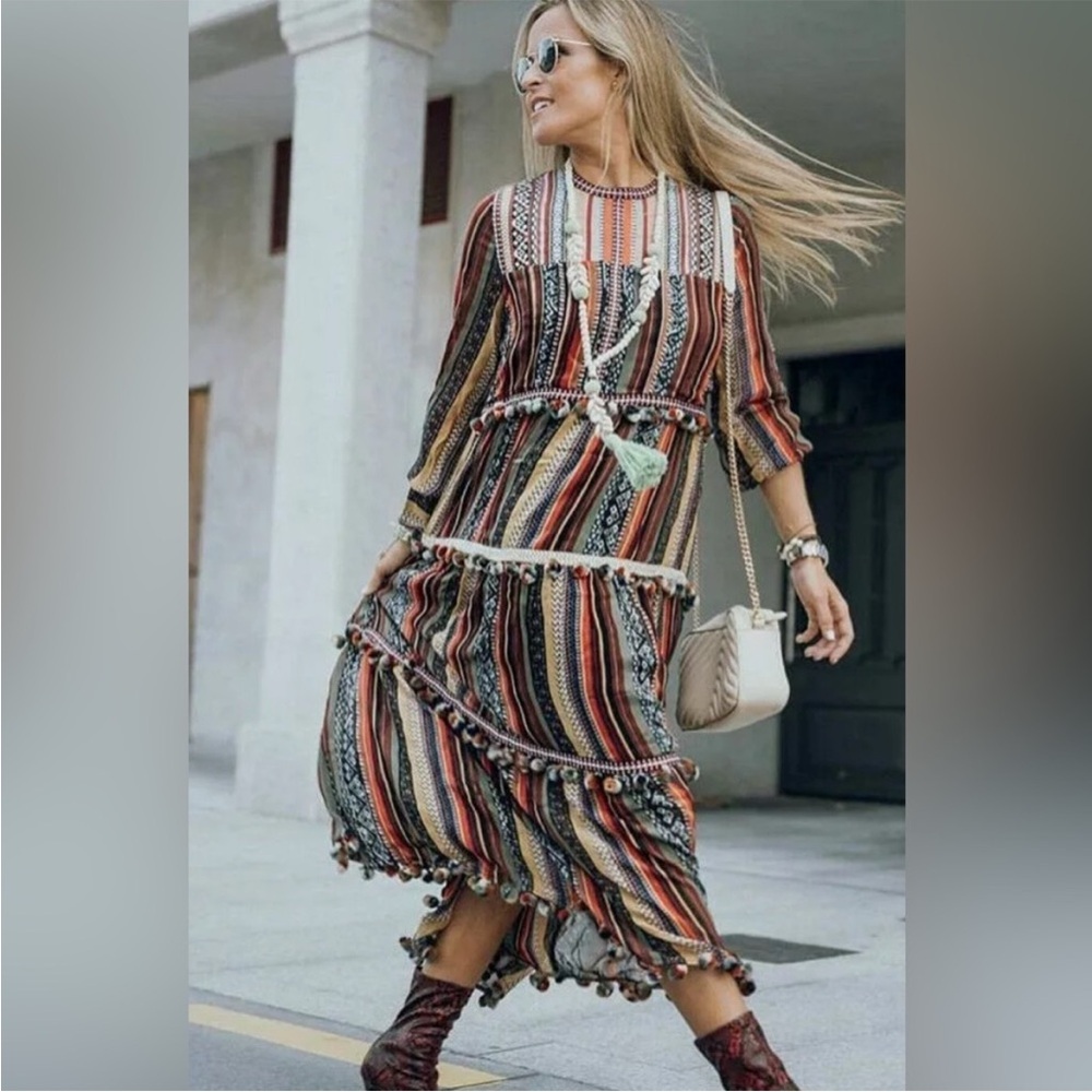 ZARA Women’s Boho Striped Halle Berry Pompom Tiered Midi Dress 6895/264 small - Picture 4 of 4